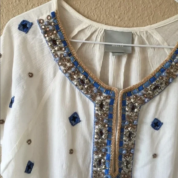 Anthropologie Maeve embellished embroidered top XS jeweled boho gauzy white - Picture 3 of 8